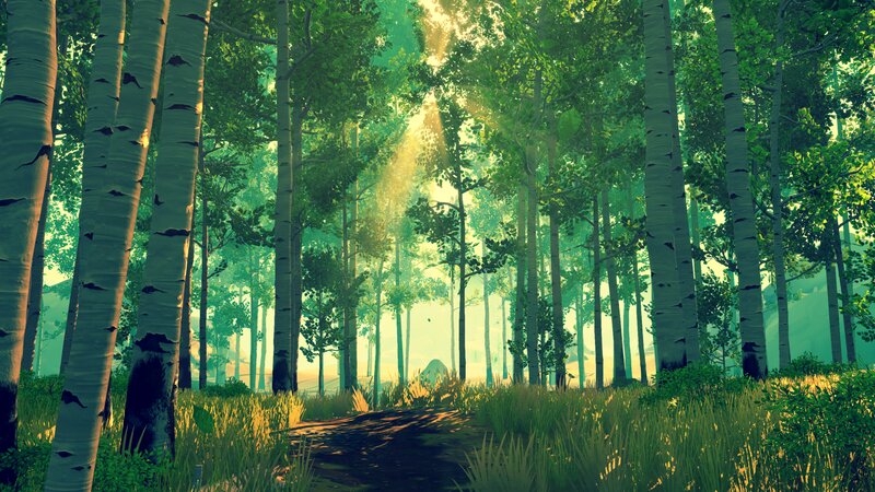 Path Through Birch Forest — Green, Serene, Morning, 3d Render