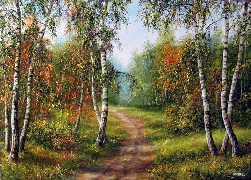 Path Through Birch Forest — Green, Serene