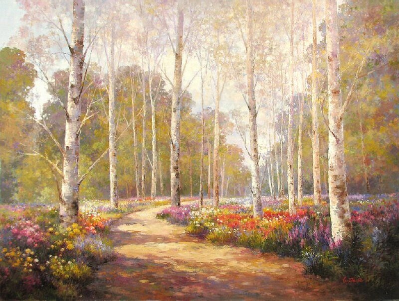 Path Through Birch Forest — Yellow, Serene, Spring