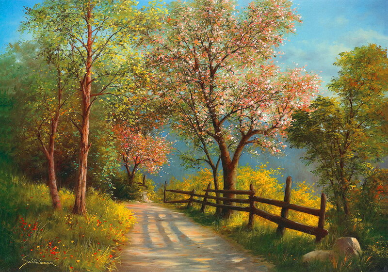 Path Through Blooming Trees — Green, Serene, Spring, Painting, Fence
