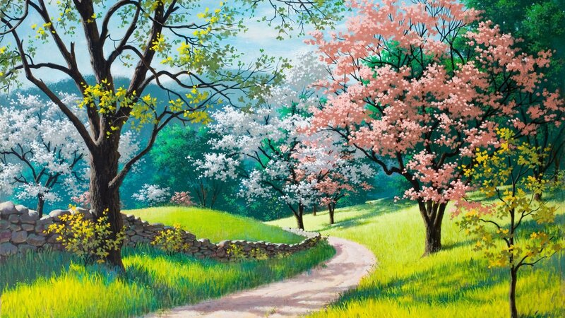 Path Through Blooming Trees — Green, Serene, Spring, Painting, Stone Wall, Grass