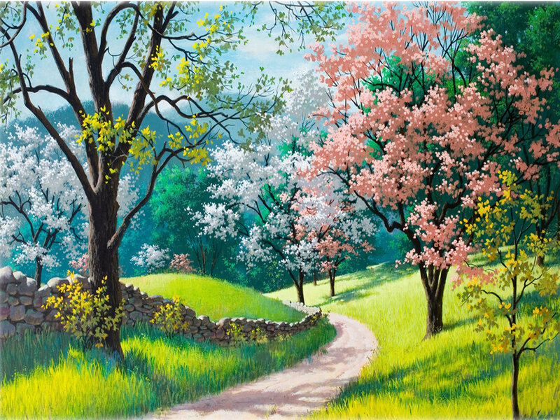 Path Through Blooming Trees — Green, Serene, Spring, Painting, Stone Wall, Hills