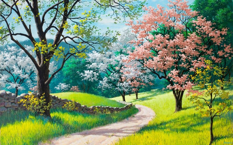 Path Through Blooming Trees — Green, Serene, Spring, Painting, Stone Wall