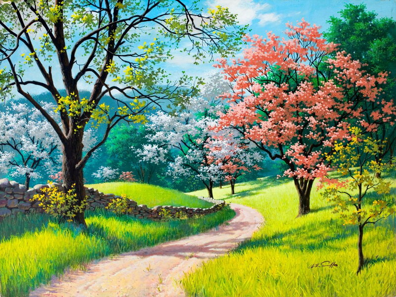 Path Through Blooming Trees — Green, Serene, Spring, Painting