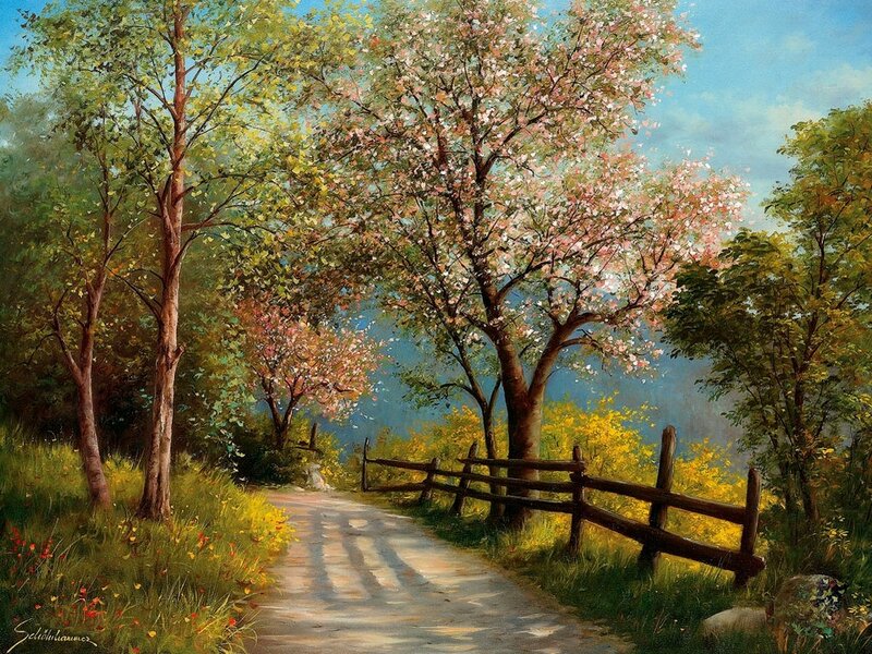Path Through Blooming Trees — Green, Serene, Spring