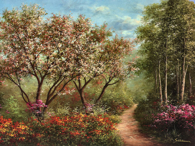 Path Through Blooming Trees — Green, Serene