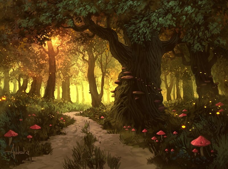 Path Through Enchanted Forest — Green, Serene, Sunset