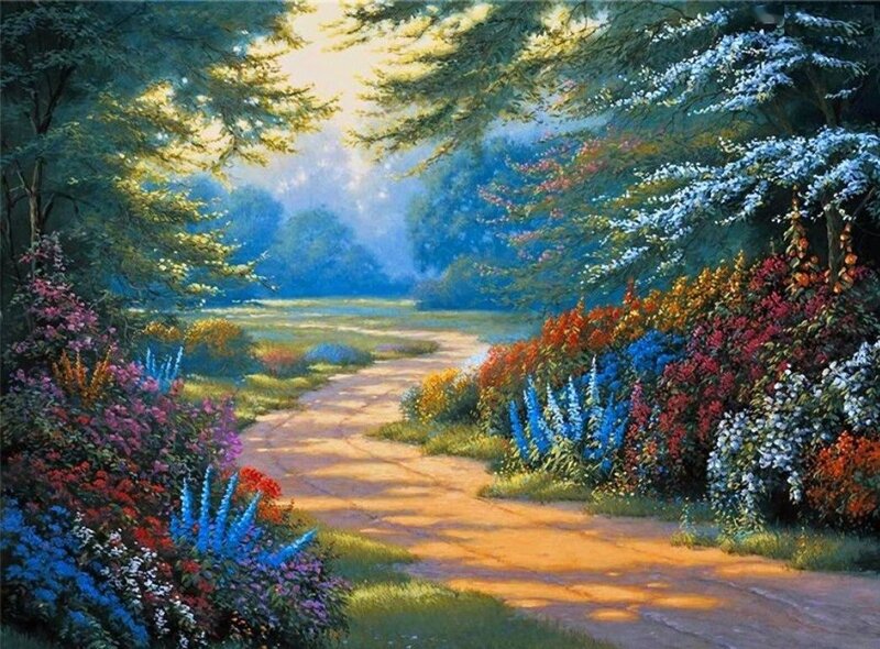 Path Through Flower Garden — Green, Serene, Morning