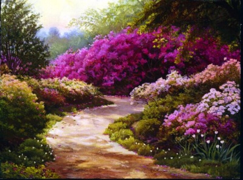 Path Through Flowering Bushes — Purple, Serene