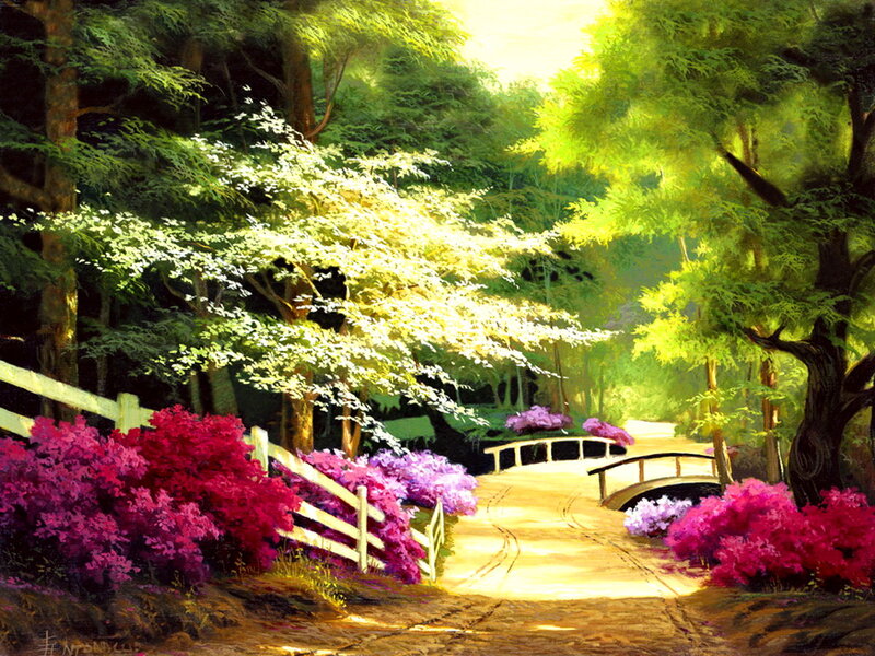 Path Through Forest Garden — Green, Serene, Afternoon, Painting