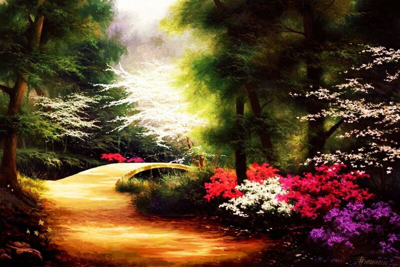 Path Through Forest Garden — Green, Serene, Morning, Painting