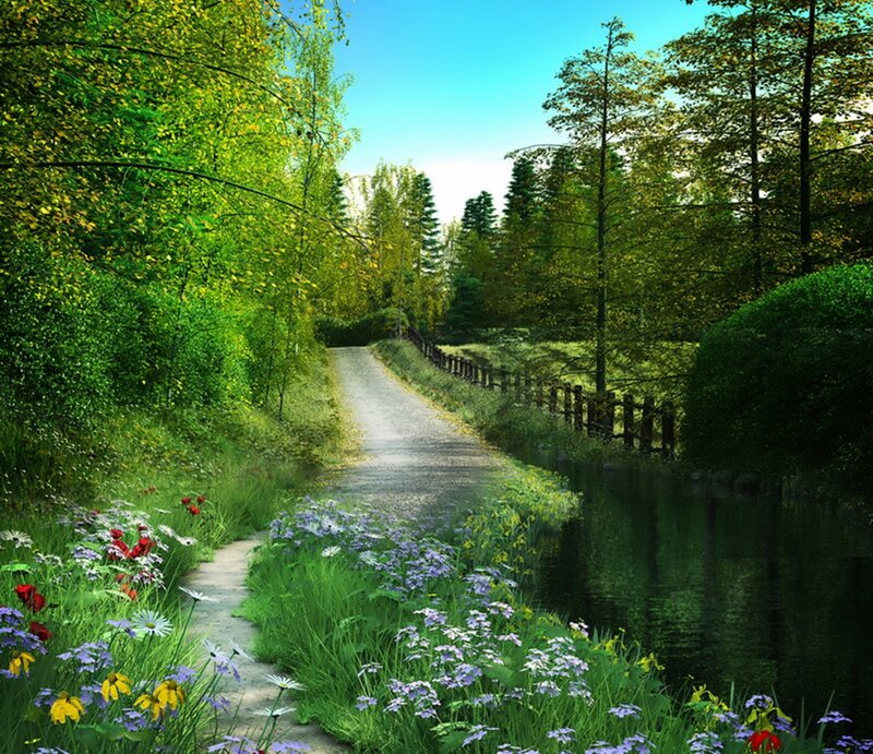 Path Through Forest — Green, Serene, Afternoon, Digital Art, River