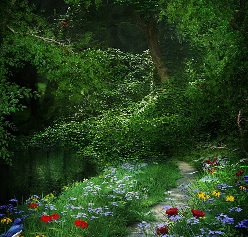 Path Through Forest — Green, Serene, Afternoon, Digital Art