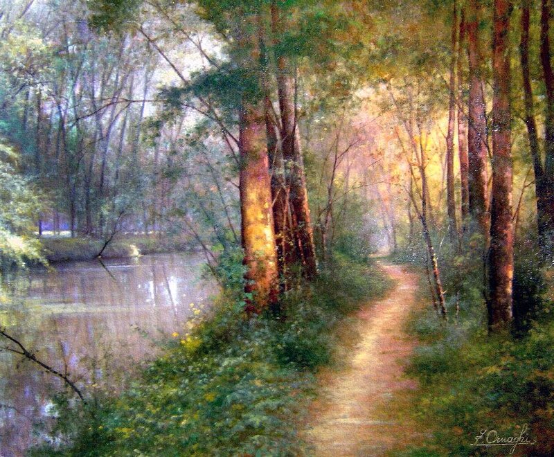 Path Through Forest — Green, Serene, Afternoon, Painting, River