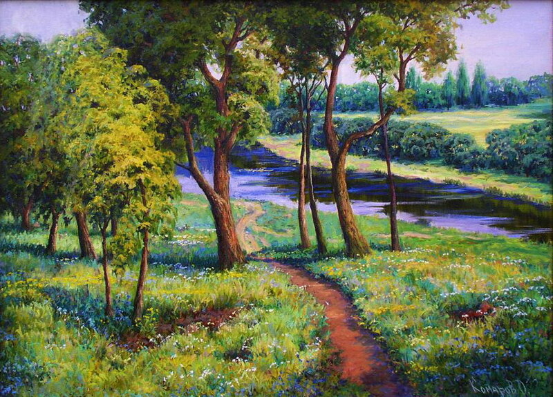Path Through Forest — Green, Serene, Afternoon, Painting, River, Trees