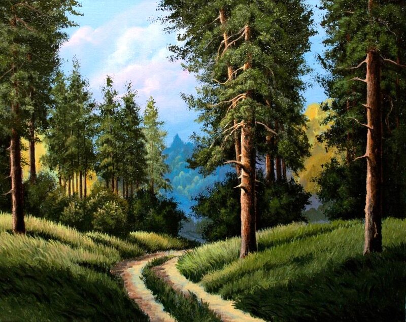 Path Through Forest — Green, Serene, Afternoon, Painting