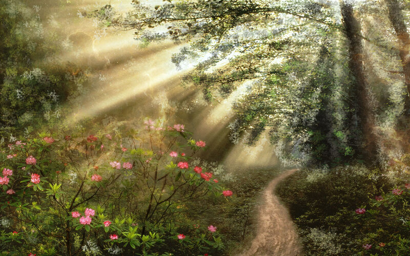 Path Through Forest — Green, Serene, Morning, Digital Art, Flowers, Sunlight