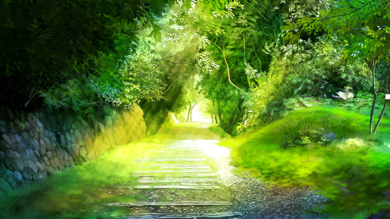 Path Through Forest — Green, Serene, Morning, Digital Art, Trees