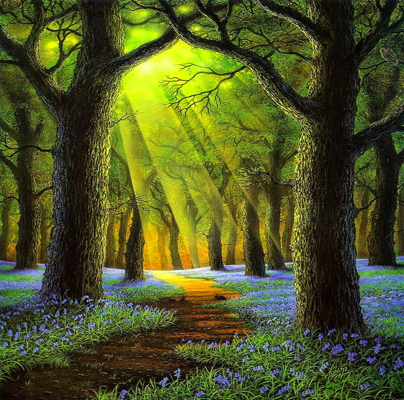 Path Through Forest — Green, Serene, Morning, Painting