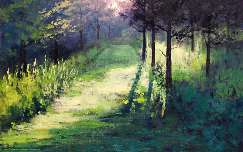 Path Through Forest — Green, Serene, Morning, Painting, Trees, Grass