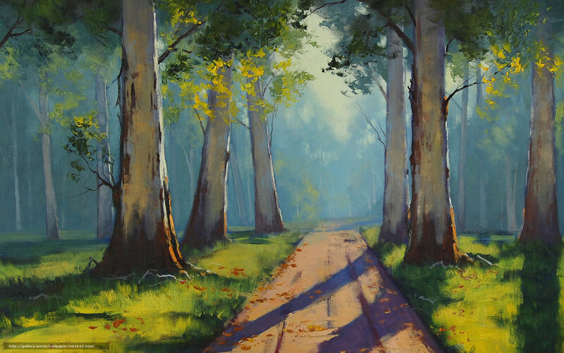 Path Through Forest — Green, Serene, Morning, Painting, Trees