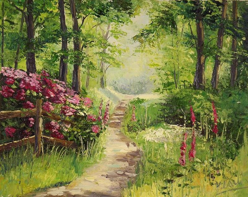 Path Through Forest — Green, Serene, Spring, Painting