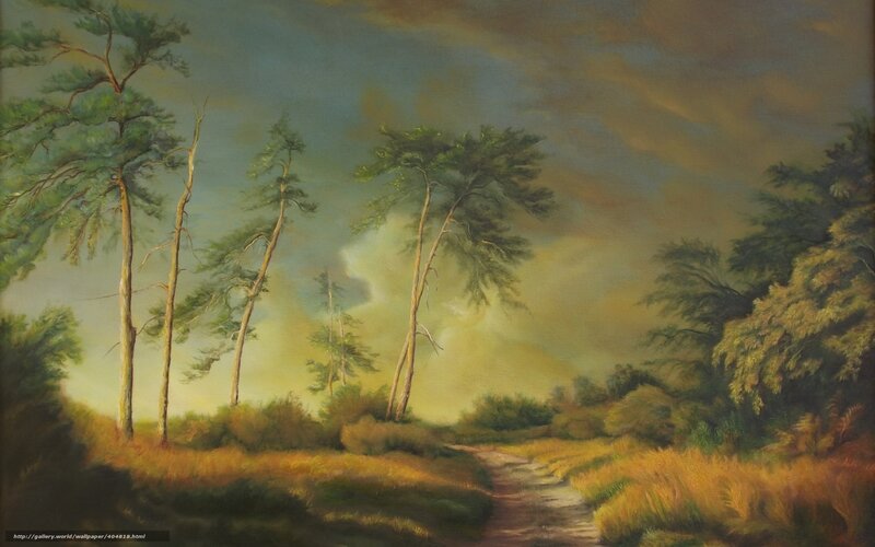 Path Through Forest — Green, Serene, Sunset, Painting