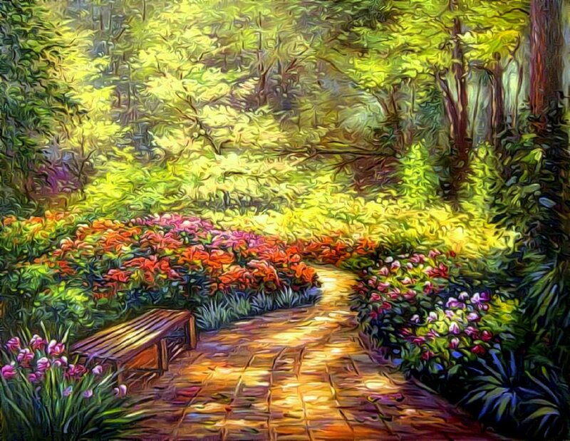 Path Through Garden — Green, Serene, Afternoon, Painting