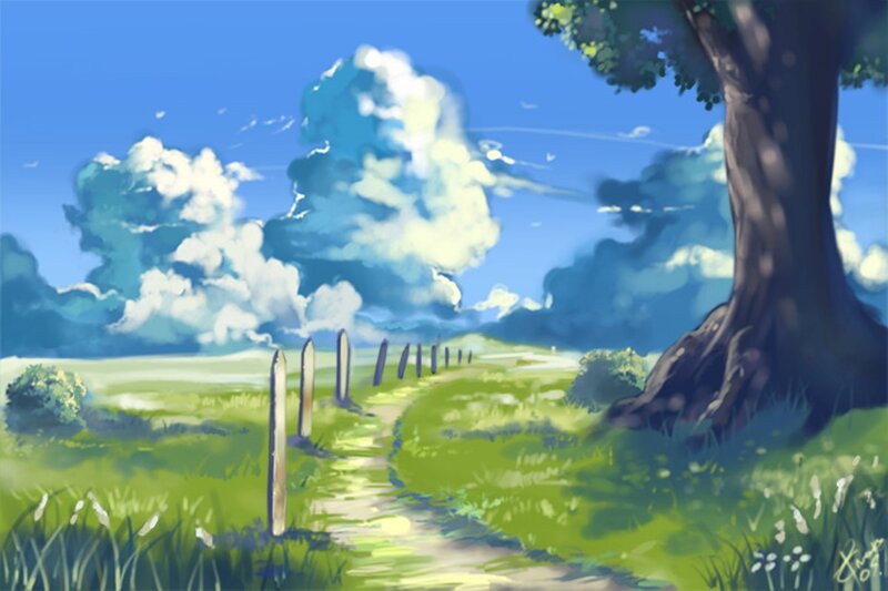 Path Through Green Field — Serene, Afternoon, Digital Art