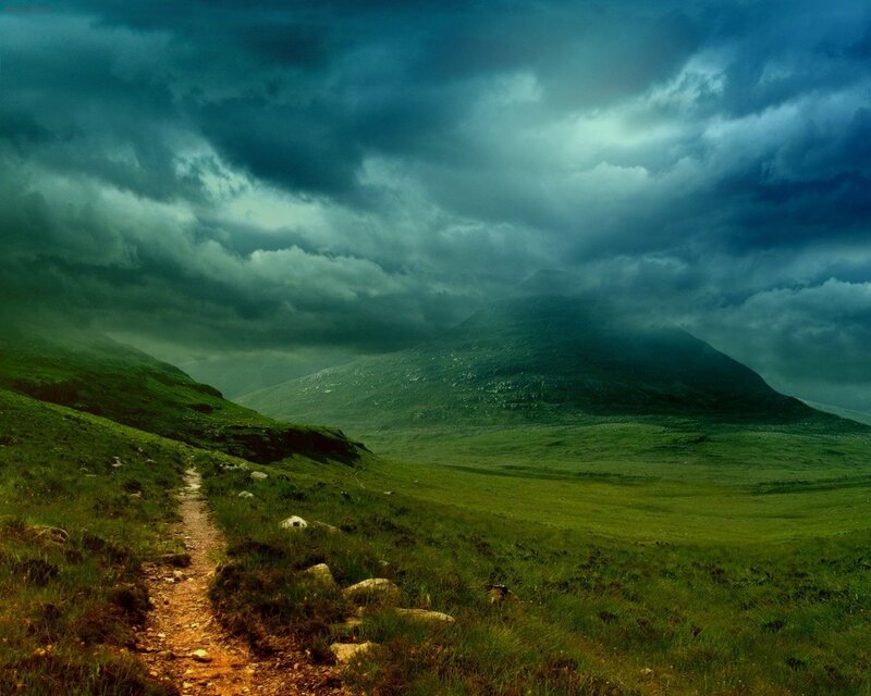 Path Through Green Hills — Dramatic, Photograph, Mountain, Clouds, Grass