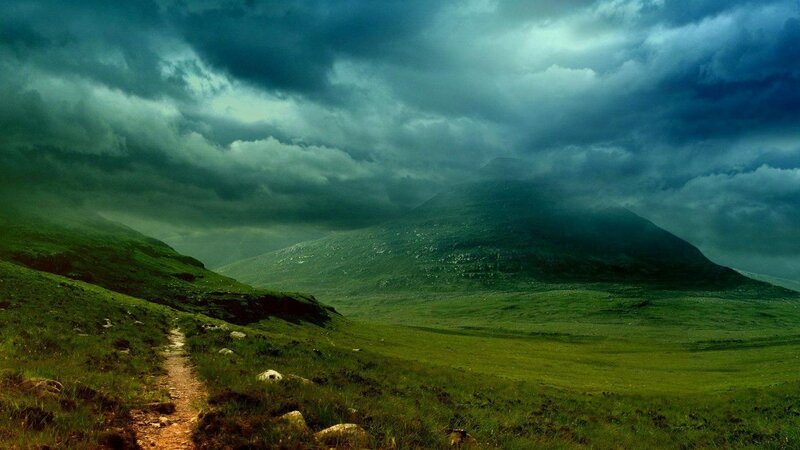 Path Through Green Hills — Dramatic, Photograph, Mountain, Clouds