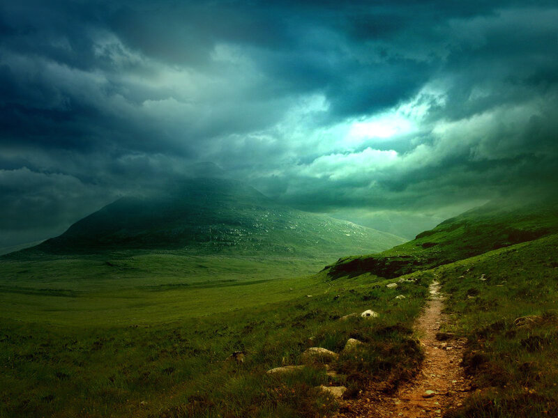 Path Through Green Hills — Dramatic, Photograph, Mountain, Clouds, Trail, Blue