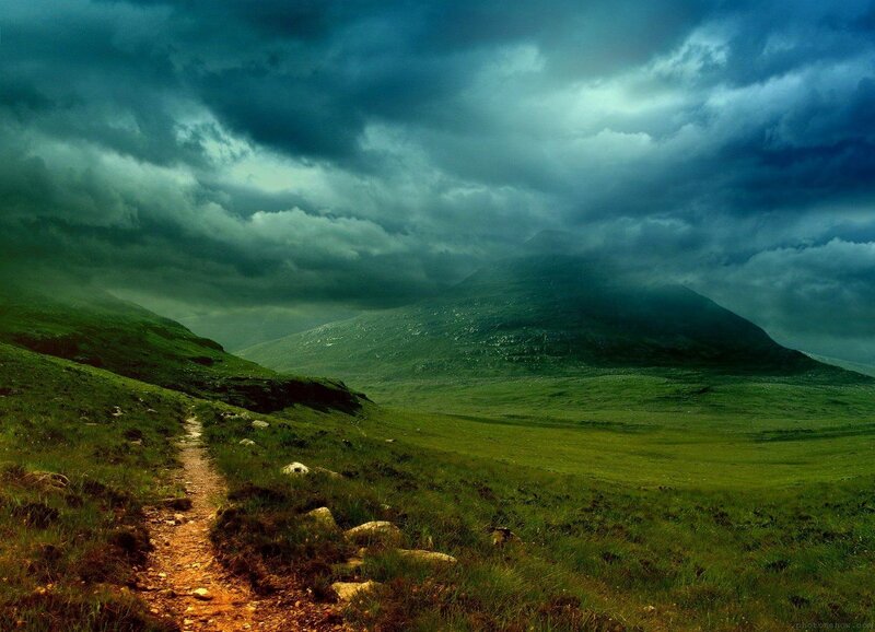Path Through Green Hills — Dramatic, Photograph, Mountain