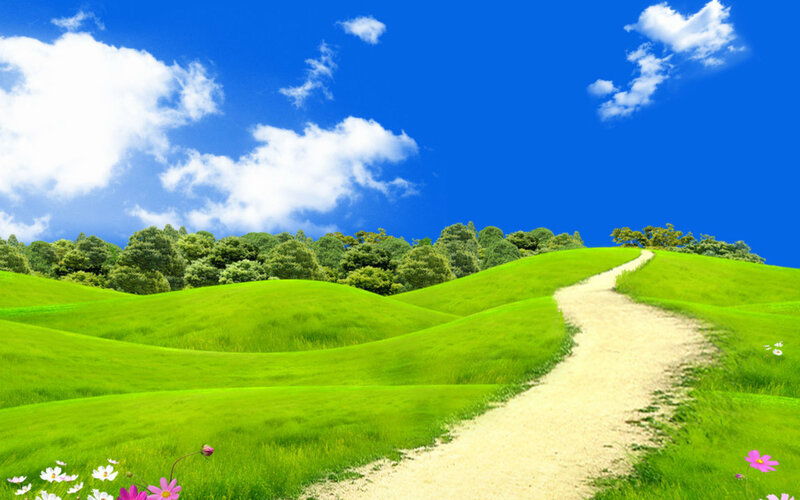 Path Through Green Hills — Serene, Afternoon, Digital Art, Trees