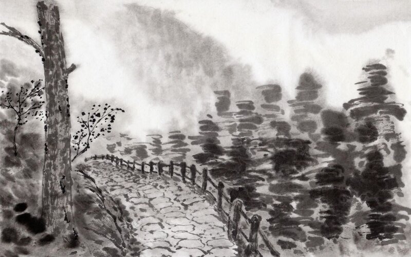 Path Through Misty Forest — Black