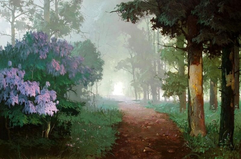 Path Through Misty Forest — Green