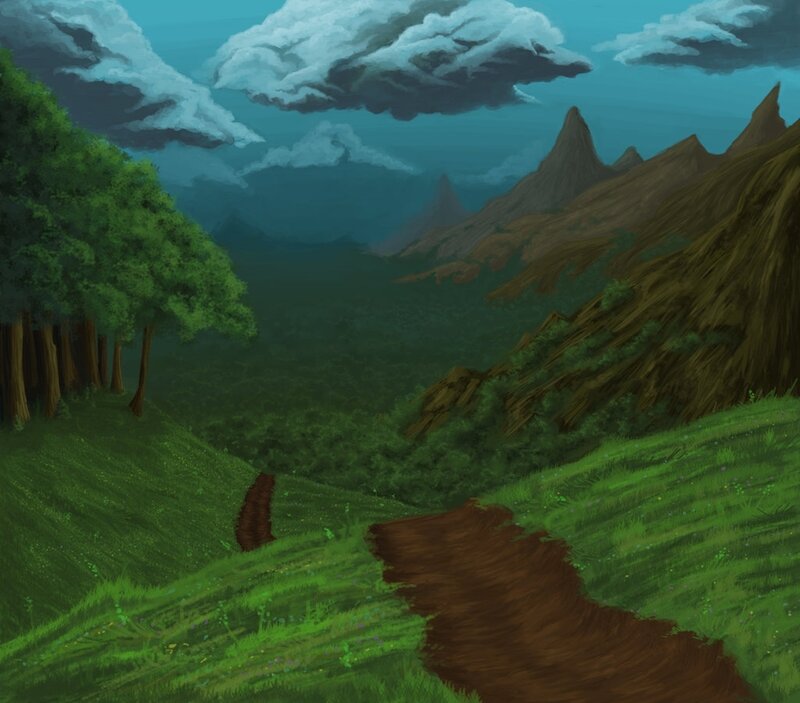 Path Through Mountain Valley — Green, Dramatic