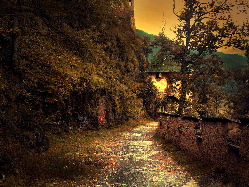 Path to a castle at sunset