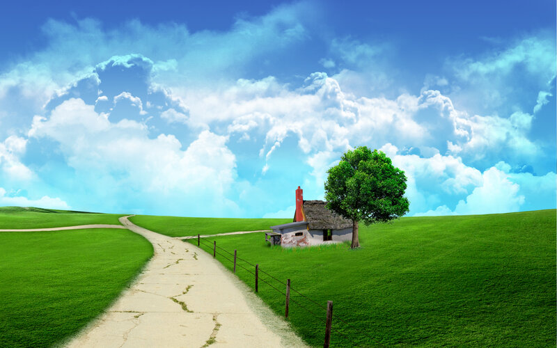Path to a cottage in the green hills