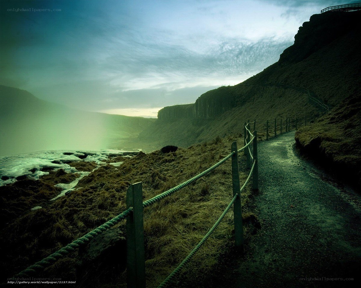 Path to a misty waterfall