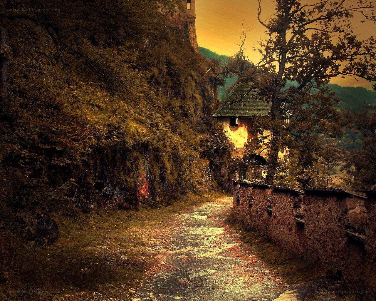 Path to ancient castle at sunset
