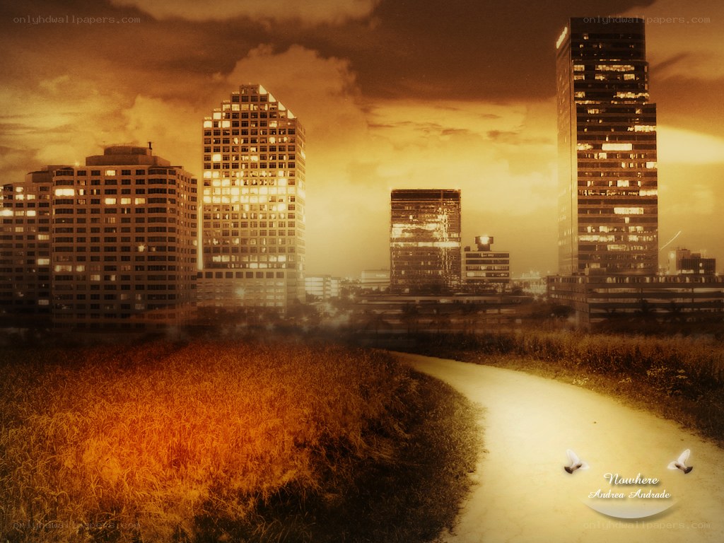 Path to the city at sunset
