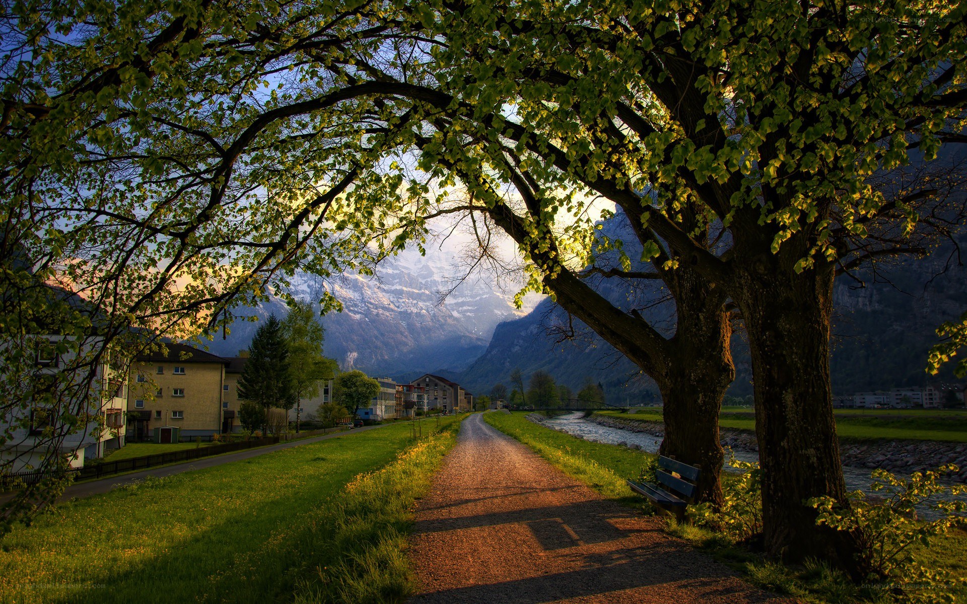 Path to the mountains at sunset