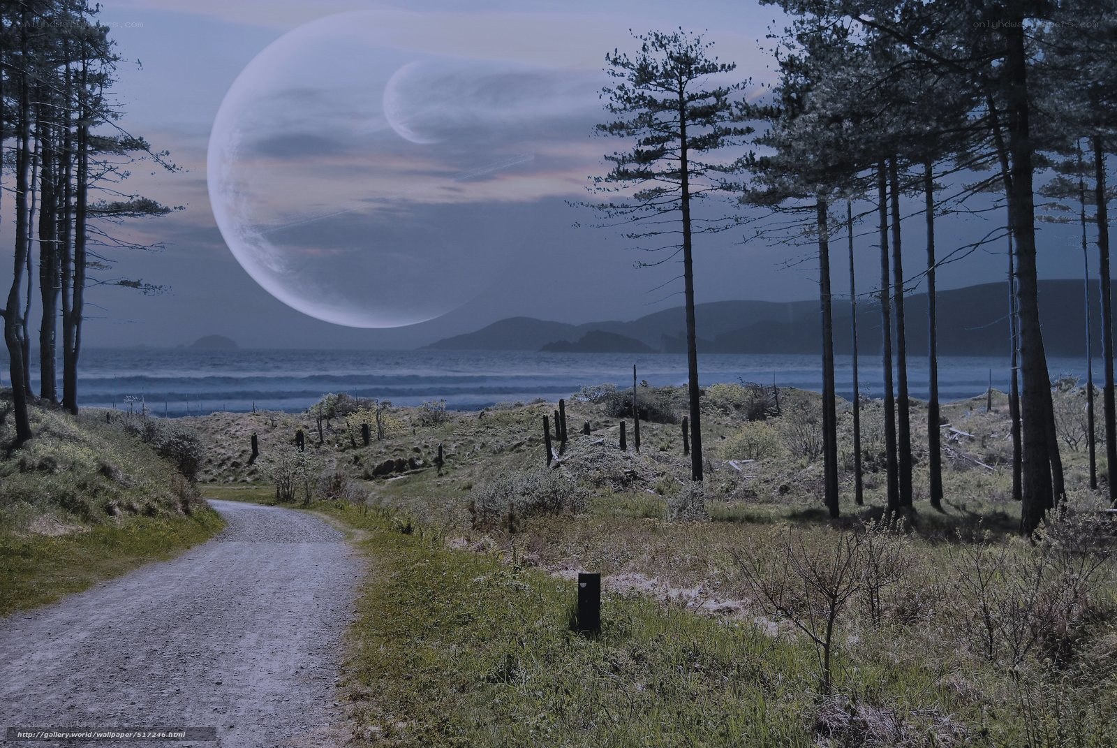 Path to the sea under alien moon