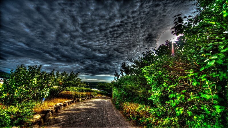 Path under stormy sky