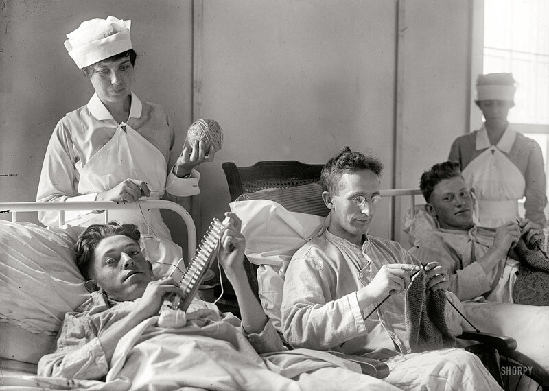 Patients knitting in hospital ward