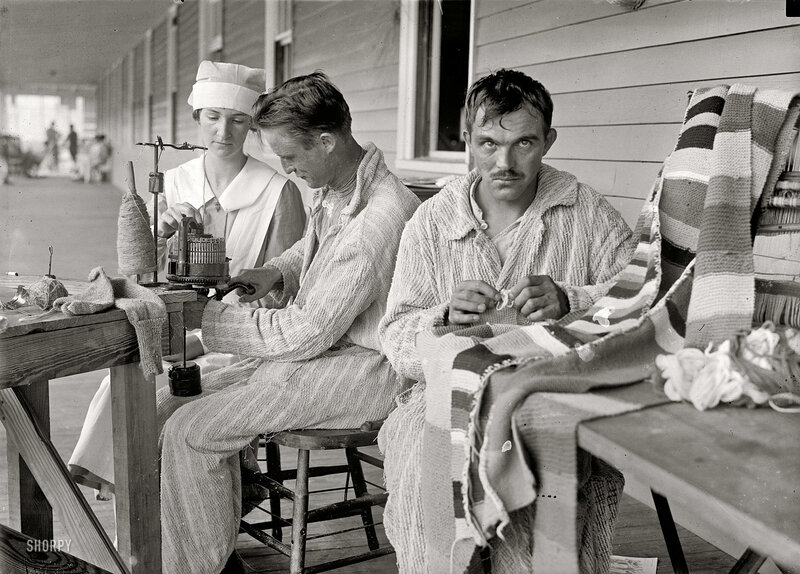 Patients knitting on a hospital porch