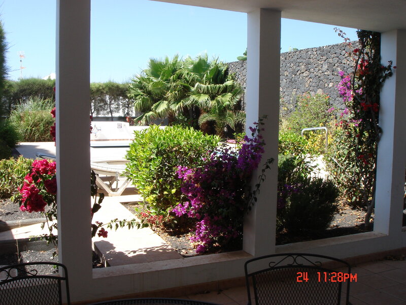 Patio with flowers and pool view