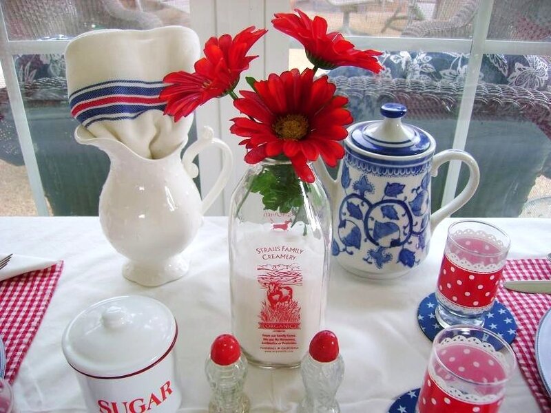Patriotic table setting with red flowers