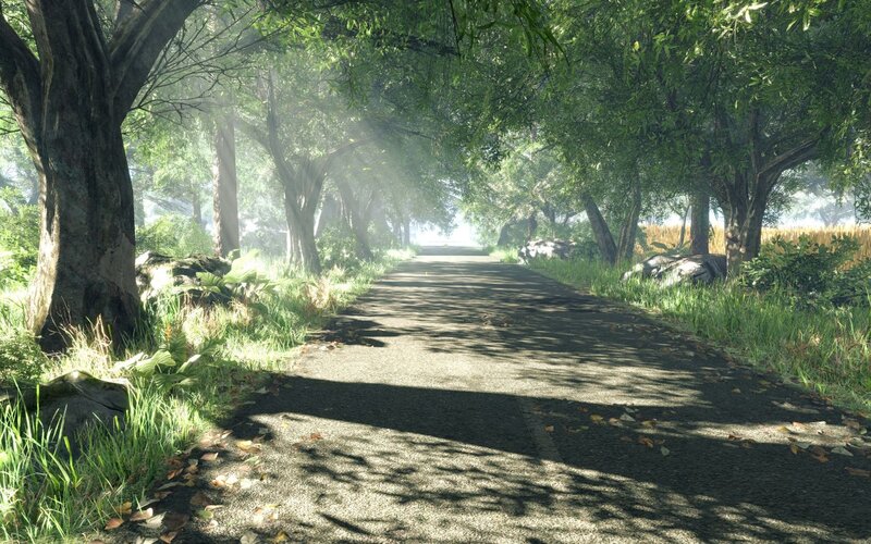 Paved Path in Forest — Green, Serene, Morning, 3d Render, Trees